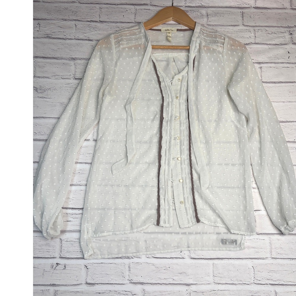 Matilda Jane Womens White Swiss Dot Pintuck Lace Trim Button Up Blouse XS